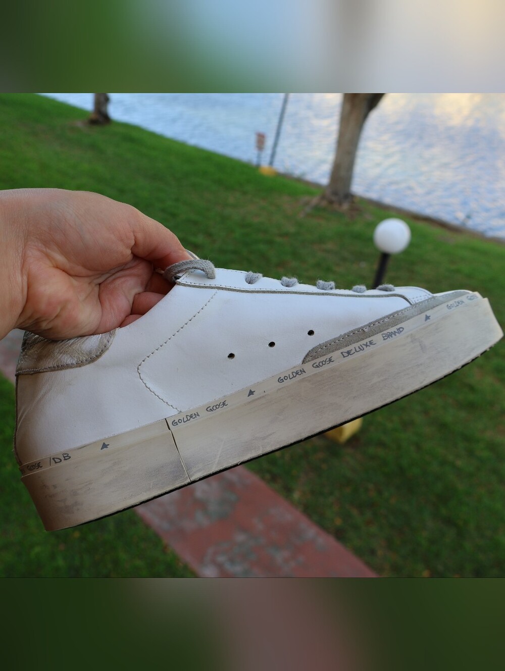 Golden Goose Hi Star Sneakers White Leather Navy Star Pink Tab Size 39 EU 8.5 US - Picture 9 of 17